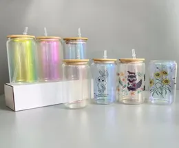 16oz iridescent glass tumblers with bamboo lid DIY heat transfer printing cola cups sublimation blanks beer can beverage drinking 1112249