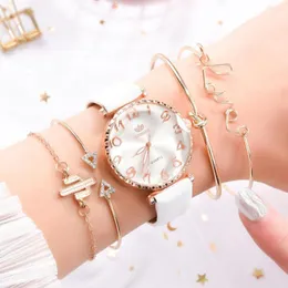 Bilek saatleri 5 Stucke Set Luxus Frauen Uhr Kol Bandı Modu Damen Sıradan Leder Quarz Armbanduhr Geschenk Relogio Feminino