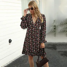 Vestidos casuais Tmwevn Bohemian Vestido feminino estampado com babados manga longa linha A