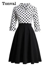 Платья Tonval, бело-черные, двухцветные, в горошек, элегантные винтажные платья миди для женщин, платье с v-образным вырезом и рукавами три четверти, ретро-платье 50-х годов