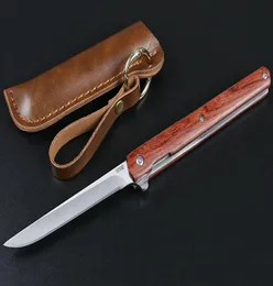 Red Flipper Folding Knife 440C TantoDrop Point Satin Blade Rosewood Handle Ball Bearing Knives With Leather Sheath7983988