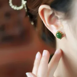 Pendientes de plata esterlina mujer natural Hotan Jade estilo chino hecho a mano antiguo oro jaspe clásico jade oreja joyería