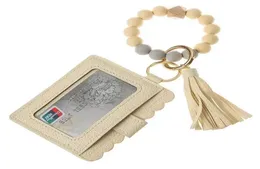 Fashion PU Leather Bracelet Wallet Keychain Party Favor Tassels Bangle Key Ring Holder Card Bag Silicone Beaded Wristlet2301516