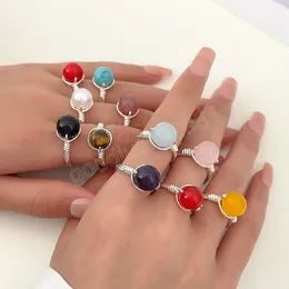 Boho Natural Stone Open Rings för bröllop Färgglad Amethyst Opal Twist Metal Finger Ring Women Justerbar smyckespresent