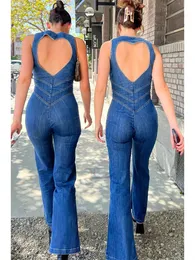 Kvinnors tvåbitar byxor Kvinnor Retro denim Backless Heart Cutout Bodycon Jumpsuit Summer ärmlösa dragkedja Slim Outfits Casual Jumpsuits 230603