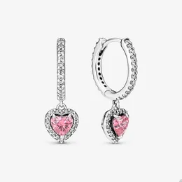 Sparkling Halo Heart Hoop örhängen för Pandora Real Sterling Silver Wedding Earring Designer smycken för kvinnor Pink Crystal Diamond Love Earring med originallåda