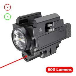 800 루멘 밝은 녹색 빨간 레이저 시력 콤보 전술 권총 라이트 USB 사냥을위한 충전식 손전등 -RED 레이저