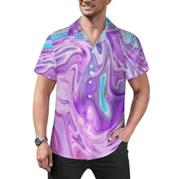 Camisas informales para hombre, camisa de playa con remolino líquido, blusas elegantes hawaianas con arte abstracto azul y morado para hombre, ropa de manga corta de talla grande