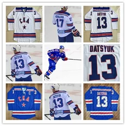 C2604 MitNess 13 Pavel Datsyuk KHL CKA St Petersburg 17 Ilya Kovalchuk KHL Blue White Custom Hockey Jerseys Cheap