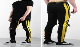 Fashion Side Yellow Stripe Mens Skinny Jeans Brand Ripped Holes Slim Fit Little Feet Denim Pencil Pants Black Man Clothing6953506