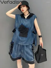 Women's Tracksuits Vefadisa 2023 Summer Women Casual Hooded Denim Sleeveless T-shirt And Shorts Capris Two Piece Set Fashion Matching Sets