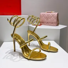 Altın Sandallar Lüks Tasarımcı Rene Caovilla Stiletto Topuk Kadın Ayakkabı Kristal Rhinestone Twining Ayak Yüzüğü 10cm Yüksek Yüksek Topuklu Dar Bant Sandal 35-43 Kutu