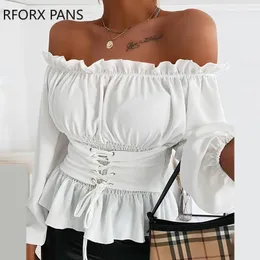 Klä dig av axel snörning front ruffles casual blus plus size tops vår toppar och blusar