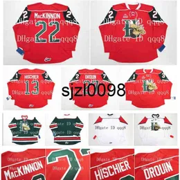 SJ98 QMJHL Halifax Mooseheads Jerseys 22 Nathan Mackinnon 13 Nico Hischier 27 Jonathan Drouin Red White Green100% Stitching Custom Hockey Jerseys