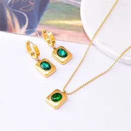 Necklace Earrings Set 316L Stainless Steel Emerald Zircon Square Block Pendant Round Bead Chain Necklaces Fashion High Jewelry Party Gift