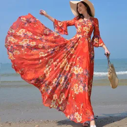 Robes coréenne Unif Vintage fleur femmes en mousseline de soie robe de soirée vêtements haute longue manches évasées cheville longueur imprimer robes de plage décontractées
