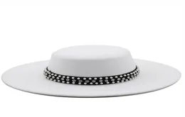 Large Wide Brim Faux Wool Pork Pie Boater Flat Top Fedora Hat with Rivet Pearls Black White Party Panama Trilby Cowboy Cap5059814