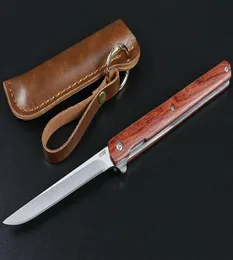 Red Flipper Folding Knife 440C TantoDrop Point Satin Blade Rosewood Handle Ball Bearing Knives With Leather Sheath5538496