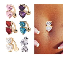 6 Colors Reverse Crystal Bar Belly Ring Gold Body Piercing Button Navel Two Heart body pierce jewelry1884376