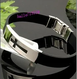 24PCS Black CROSS stainless steel Silicone bracelets Men Women Fashion wristbands Whole Jesus Jewelry Xmas Gift Favor5696219
