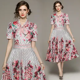 Women Boutique Floral Dress 2023 Summer Printed Dress High-end Elegant Lady Bow Floral Dresses Short Sleeve Pleated Dresses OL Runway Dress