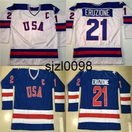 Sj98 #21 Mike Eruzione Jersey 1980 Miracle On Ice Hockey Jersey Herren 100 % genähte Stickerei S Team USA Hockey Jerseys Blau Weiß