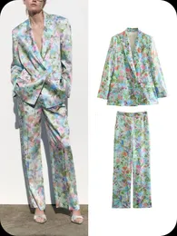 Calças femininas de duas peças conjuntos de calças florais para mulheres blazer casacos manga longa estampado feminino 2 peças conjunto de molas cintura elástica 230603