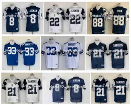 qq8 Camisa de futebol retrô 88 Michael Irvin 22 Emmitt Smith 8 Troy Aikman 12 Roger Staubach 33 Tony Dorsett 21 Deion Sanders 75º aniversário MN Azul Branco Tamanho MXXX