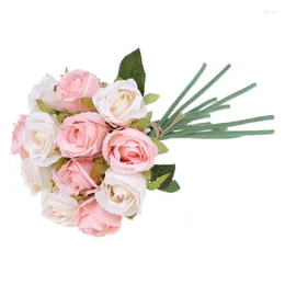 Flores decorativas 12 cabeças simulação flor rosa artificial buquê de seda festa de casamento decoração de casa beleza