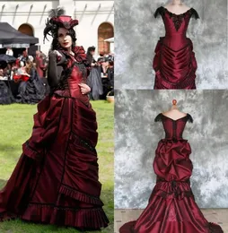 Burgundy Goth Victorian Bustle wedding Gown 2021 Vintage Beaded Laceup Back Corset Top Gothic Outdoor Bride Party Dresses5882218