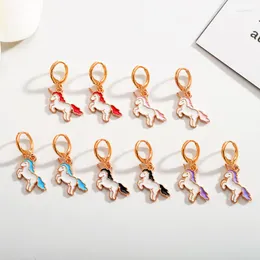 Dangle Earrings 2023 Fashion Colorful Enamel Color Alloy Rainbow Horse Charm Women's Cartoon Pattern Cute Pendant Hoop Jewelry