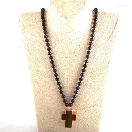 Pendant Necklaces MOODPC Fashion Bohemian Tribal Jewelry Tiger Eye Stones Long Knotted Natural Cross