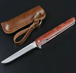Red Flipper Folding Knife 440C TantoDrop Point Satin Blade Rosewood Handle Ball Bearing Knives With Leather Sheath2236717