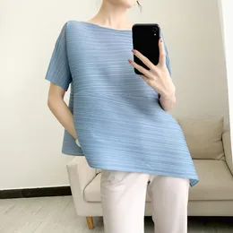 ISSEY T-Shirt-Plissee-Top für Damen, halbgefaltet, kurzärmelig, unregelmäßiges Faltenkleid, lässiges Top