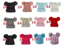 Kid Knit Crochet Beanies Hat Girls Soft Double Balls Winter Warm Hat 12 Colors Outdoor Baby Pompom Ski Caps GWE29027219375