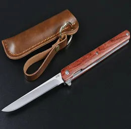 Red Flipper Folding Knife 440C TantoDrop Point Satin Blade Rosewood Handle Ball Bearing Knives With Leather Sheath5948574