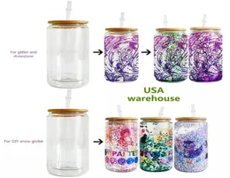 US Delivery 16oz Sublimation Glass Cup Blanks With Bamboo Lid Frosted Sublimation Beer Can Double Wall Snow Globe Tumbler Mason Ja7013199