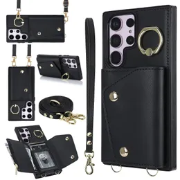 Crossbody PU Skórzane karty PUTH CARD CARD PIELĘGO PATRALNE DLA SAMSUNG GALAXY S23 ULTRA S24 S22 S21 UWAGA 20 A54 5G A14 A53 Pierścień Kopiący telefon