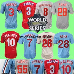 MI208 2022 WS Baseball Jersey Harper Trea Turner Mike Schmidt Ranger Suarez J T Realmuto Alec Bohm Hoskins Castellanos Marsh Schwarber Nola Wheeler Utley Rollins Cav Cav