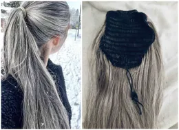 Long ponytail extension Salt and pepper high ponytail stunning silver grey women high pony 140g drawstring human hair ponytail with clip ins