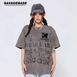 Camiseta de manga curta de pele de veado com letras góticas masculina e feminina de meia manga solta