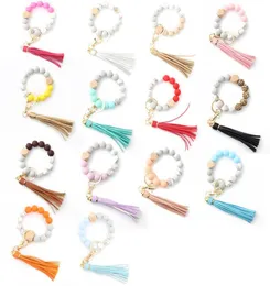 Wood Beads Bracelet Keyring Women bead wrist key chain Silicone Keychain For Keys Tassel Accessories Multicolor Handbag Car Charms3982582