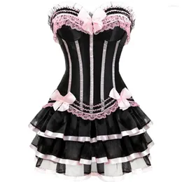 Bustiers & Corsets Burlesque Dancer Dress Striped Floral Lace Up Overbust Bustier With Skirt Set Tutu Corselet For Women Plus Size Costume