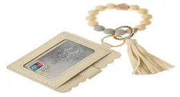 Fashion PU Leather Bracelet Wallet Keychain Party Favor Tassels Bangle Key Ring Holder Card Bag Silicone Beaded Wristlet9244915