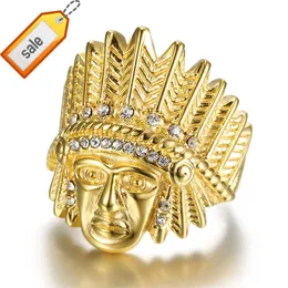 Anel chefe de cabeça indiana hiphop anéis banhados a ouro de cristal para homens