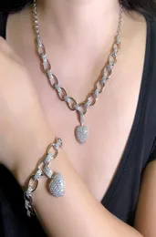 Shining Heart Shape Pendant Necklace Chain Bracelet Cubic Zirconia Set Silver color Charm Dubai Jewelry set Bride wedding bijoux Y7964995
