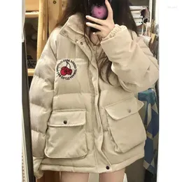 Women's Trench Coats Autumn And Winter Corduroy Sweet Cherry Embroidered Bread Jacket Women's Korean Cotton Coat Warm Thickened Parka