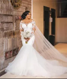 Vestido de noiva sereia plus size árabe aso ebi decote transparente vestido de noiva manga longa sexy vestidos de noiva vestidos africano árabe encantador trem vestidos de noiva formais 2023
