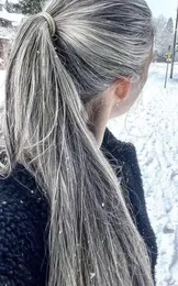 Long silver hair ponytail bone straight natural grey pony tail wrap around gray hair extenson softly beautiful salt and pepper hair 140g stunning girl free shipping