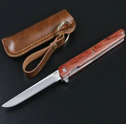 Red Flipper Folding Knife 440C TantoDrop Point Satin Blade Rosewood Handle Ball Bearing Knives With Leather Sheath4456654